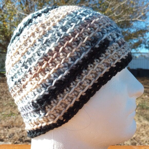 Men's Head Hugger Beanie Hat Handmade Naturals Striped Crochet Fishing Outdoor L - Picture 4 of 9
